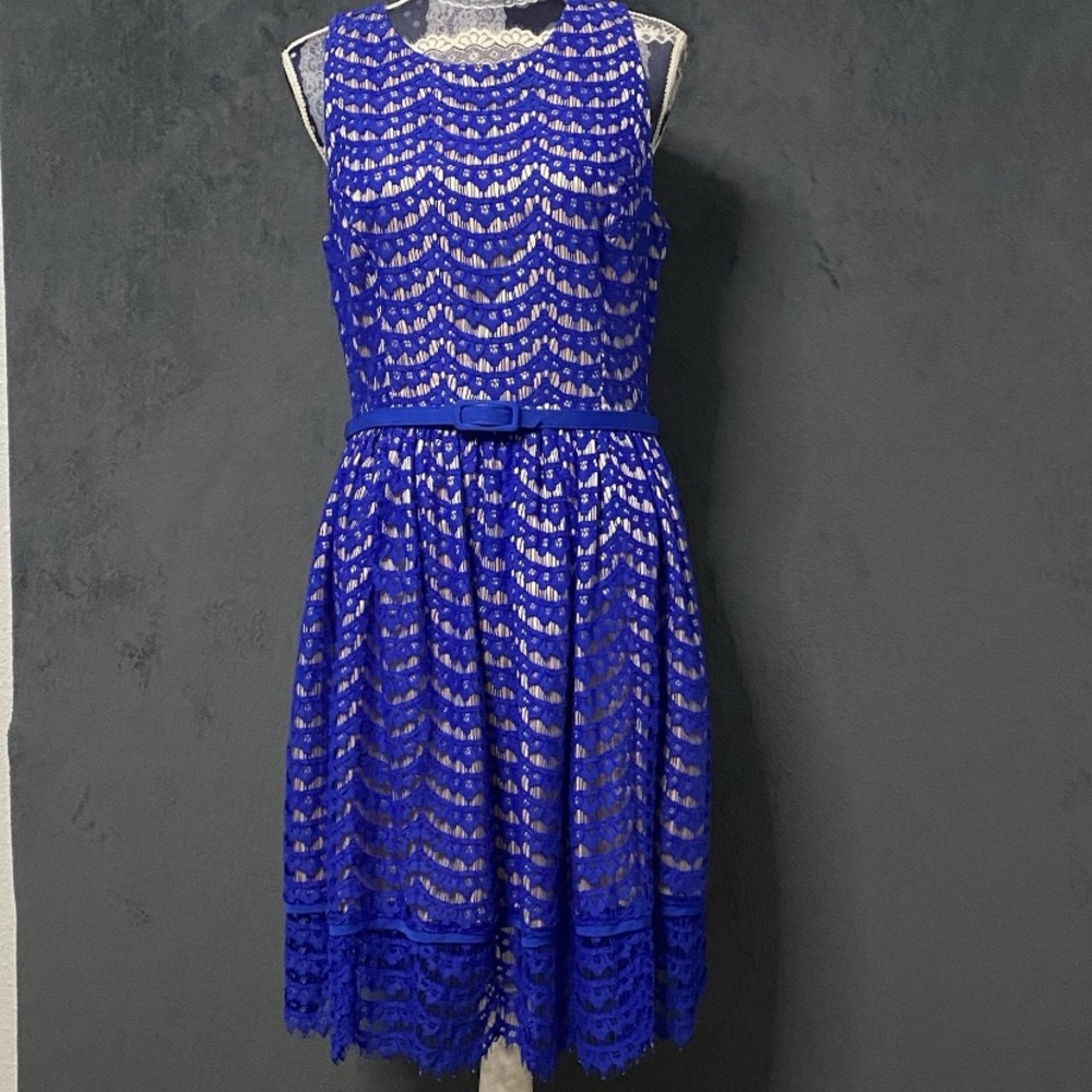 Eliza J Dress Womens 10 Fit & Flare Blue Lace Overlay Belted Nude Lining Pockets